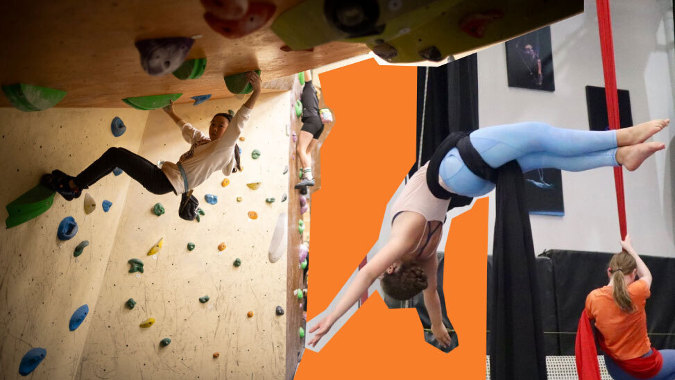 A climber on the ceiling mashed with a circus performer laying back in straps 